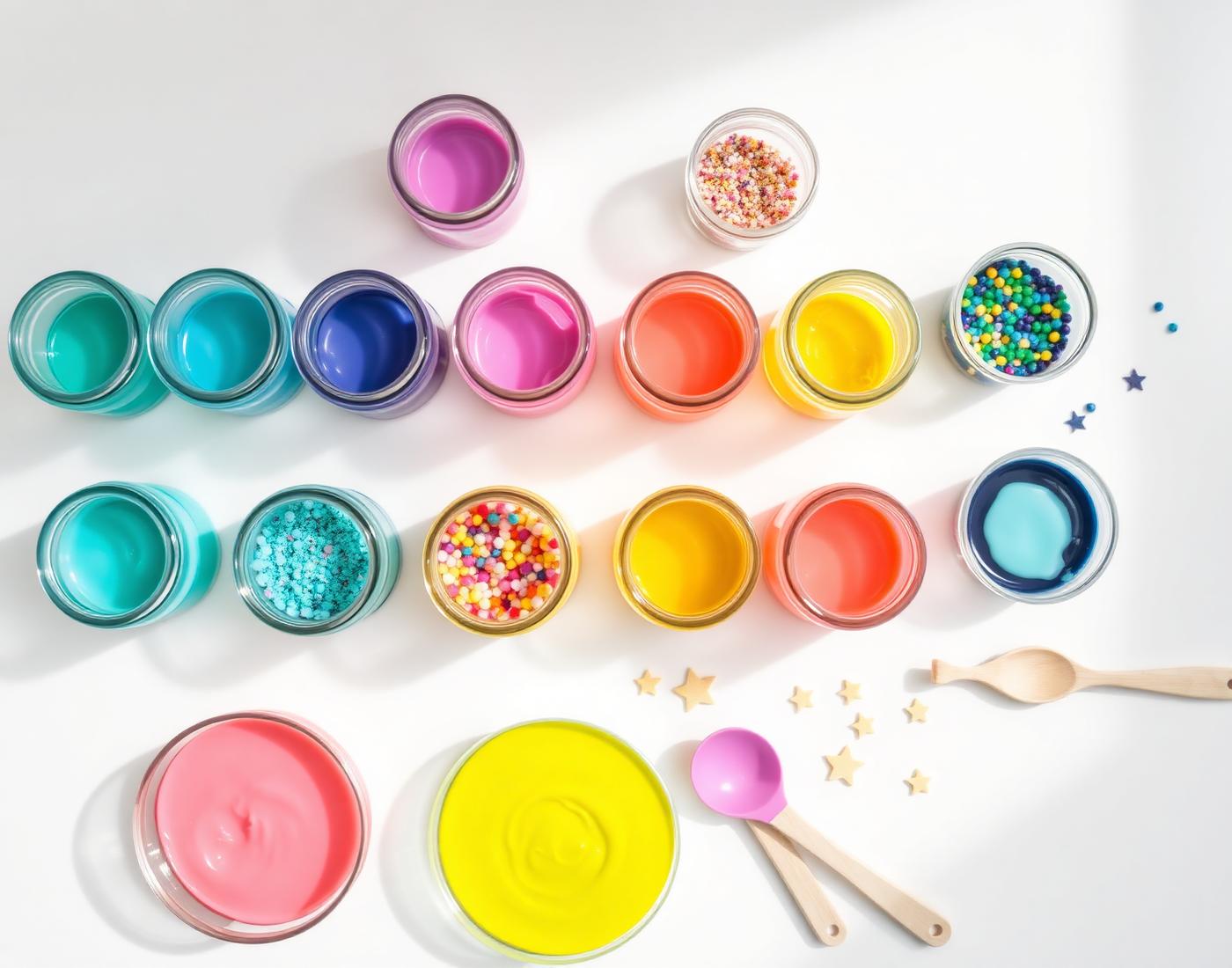 A neatly arranged slime bar with colorful jars of teal, purple, coral pink and yellow slime, glitter, star charms and wooden mixing tools on a clean white surface